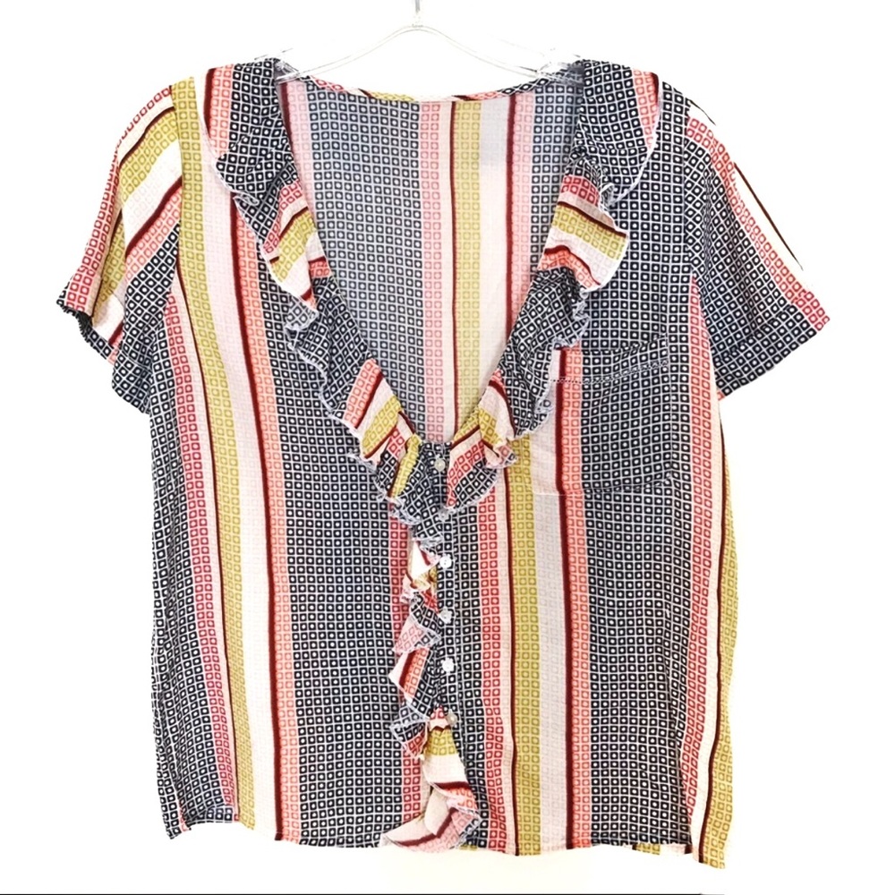 RARE Anthro Geometric Striped Deep V Button Down S